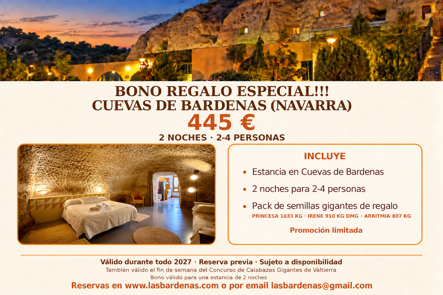 Bono estancia Cuevas de Bardenas 445 euros para 2 a 4 personas